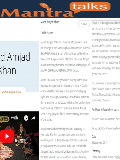 My artist profile featured on 'Mantra Talks'. The article provides a detailed biography, covering my training in the Kirana and Ajrara Gharanas and my journey as a professional tabla player.