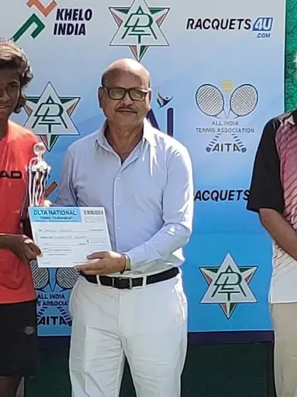My academy's Chairperson, Mr. Balram Singh, presenting an award at the Under-14 & Under-16 Nationals at the DLTA complex, reflecting our deep involvement in Indian tennis.