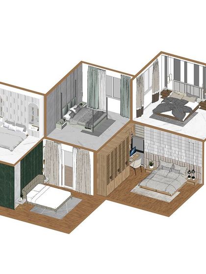 This isometric illustration presents five distinct bedroom concepts in a single view. It's a great way to visualize different approaches to layout, color, and style, from modern minimalist to cozy and chic.
