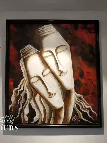 The right artwork tells the story of your home. This powerful, expressive painting becomes the focal point of the wall, highlighted by a single spotlight.