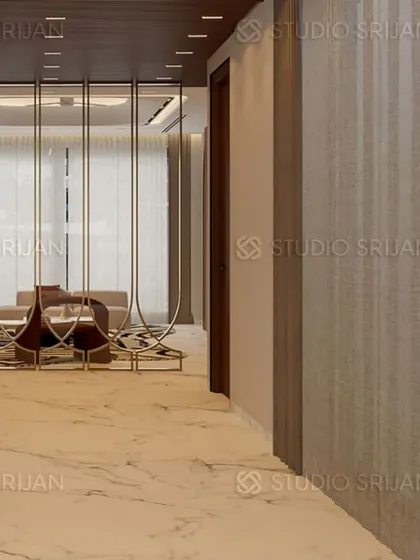 This image highlights the use of a metal screen as a decorative divider, adding an element of artistry while defining the space. The marble flooring and wood-paneled ceiling contribute to the luxurious feel of this Model Town home.