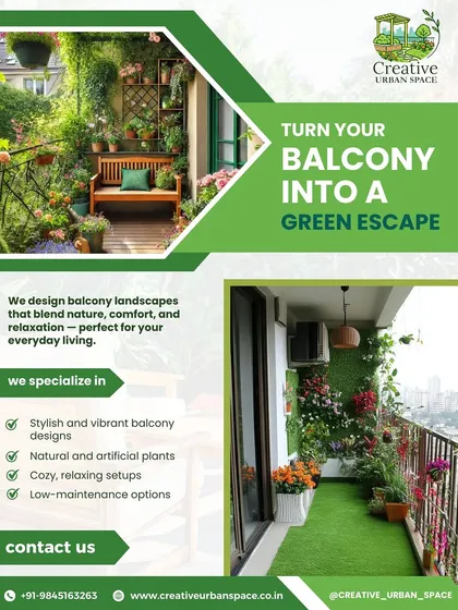 This graphic captures the essence of my balcony design service. I blend natural and artificial elements to create stylish, cozy, and low-maintenance setups that turn your balcony into a private green retreat for everyday living.