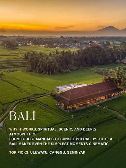 Why Bali? It's spiritual, scenic, and deeply atmospheric. From forest mandaps to sunset pheras by the sea, Bali makes even the simplest moments feel cinematic.