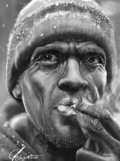 I spent about 30 hours on this hyper-realistic black and white artwork. I was really curious about capturing the weathered skin texture, the smoke, and the tiny details like the snow on the beanie to create a powerful, realistic portrait.