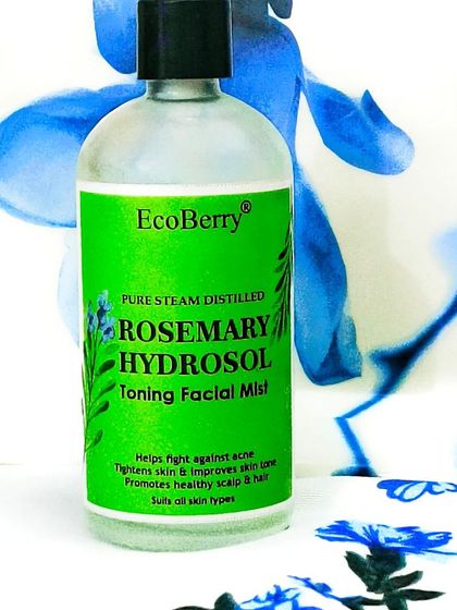 Our Pure Steam Distilled Rosemary Hydrosol is rich in iron, calcium, and vitamin B6. It helps fight acne, tightens skin, and promotes a healthy scalp and hair, making it suitable for all skin types.