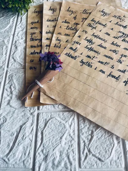 My handwritten letters on coffee-stained paper, shown with a tiny bouquet of dried flowers. I love adding these small details to make your gift even more special.