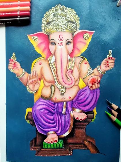 My finished colored pencil illustration of Lord Ganesha against a bold blue background. I used vibrant pinks, purples, and yellows with gold detailing on the crown to make this piece pop.