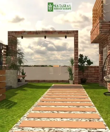 A proposed layout for the Shahdara terrace, showing a long pathway and swing chair.