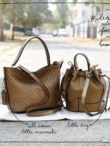 A focus on our Bronze leather. This versatile metallic can be used for any bag, big or small. It adds a touch of glamour as seen on the All Woven Little Namrata and the classic Little Ivy bucket bag.