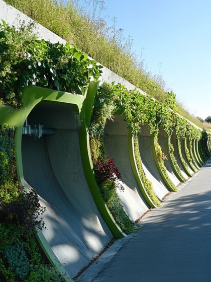 A unique example of biophilic design, where a concrete retaining wall is transformed into a vertical garden. This approach turns functional infrastructure into a living, breathing part of the landscape.