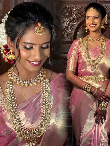 A collage showing the beautiful details of this bride's reception look. Her shimmering pink saree and kundan jewellery create a soft, romantic vibe.
