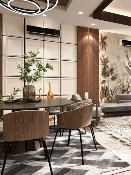 A 3D render of an open-plan living and dining area. This design focuses on creating distinct zones using furniture grouping, a feature wall, and a modern chandelier, while maintaining a cohesive, earthy color palette.