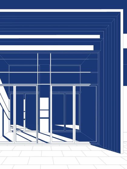 An illustration of the Blue Sea project's glass façade, rendered in a simple, graphic blueprint style.