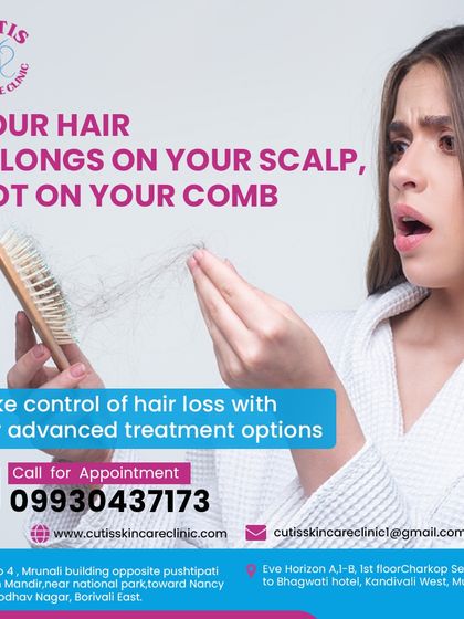 This image of a woman looking distressed at the hair left on her comb is a relatable depiction of hair loss. It serves as a call to action to take control with our advanced treatment options that keep your hair on your scalp, not on your comb.