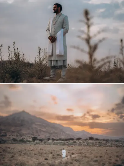 Two perspectives of Malay in the same epic landscape. The top frame offers a medium shot, while the bottom one pulls back to show him as a solitary figure in the vast, beautiful wilderness at sunset.