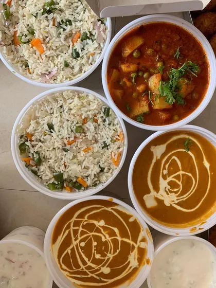 A comforting meal of Veg Pulao and Aloo Mutter curry.