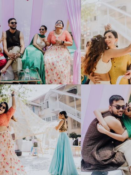 A collage of candid moments from the Mehendi, showing friends and family laughing, hugging, and dancing together.