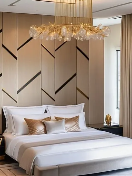 We believe a master bedroom should be a true sanctuary. In this 3D render, we designed a space with a dramatic, geometrically paneled feature wall, a stunning gold chandelier, and a calm, neutral palette to create an atmosphere of pure, uncluttered luxury.