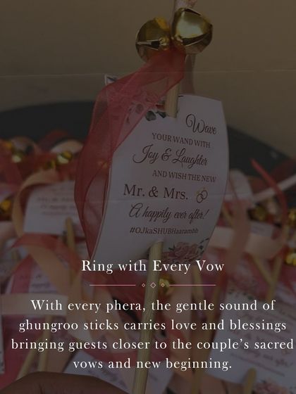 A small detail with a big impact. We provided guests with these 'ghungroo sticks' to ring with every phera, allowing them to participate in the ceremony in a beautiful, auditory way.