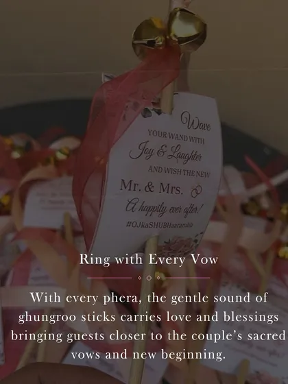 A small detail with a big impact. We provided guests with these 'ghungroo sticks' to ring with every phera, allowing them to participate in the ceremony in a beautiful, auditory way.