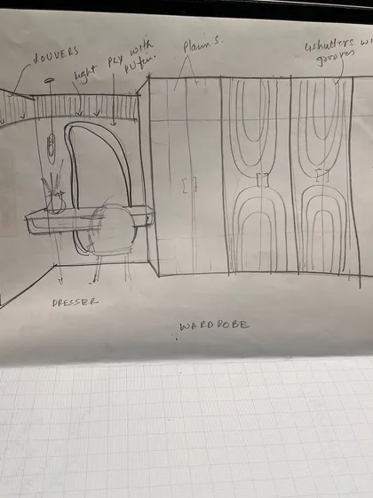 This is a concept sketch for a custom wardrobe and dresser unit. We map out every detail, from the curved door panels and louvers to the integrated lighting, ensuring the final piece is both beautiful and highly functional.
