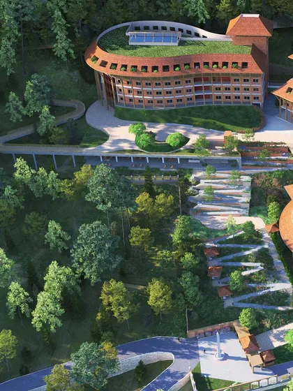 Our master plan for the Netaji Subhash Chandra Bose University of Excellence in Sikkim demonstrates our expertise in designing for challenging terrains. This aerial render shows how buildings are integrated into the natural contours of the land, preserving the landscape while creating a cohesive campus.