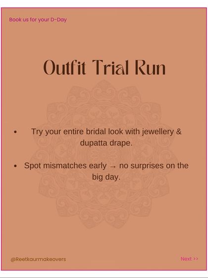 A checklist tip on doing an outfit trial run. Try your entire bridal look with jewelry and dupatta drape beforehand to avoid any surprises on the big day.