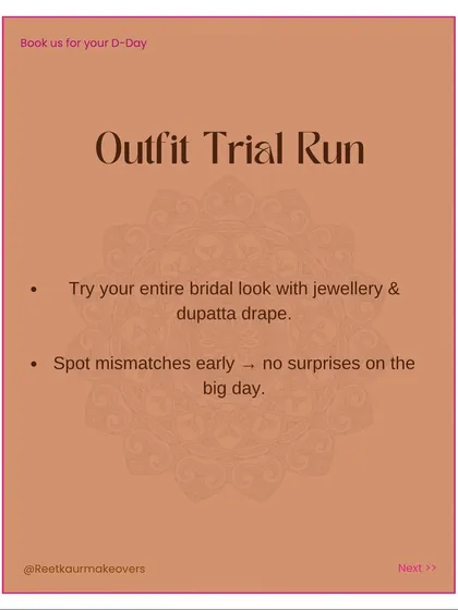 A checklist tip on doing an outfit trial run. Try your entire bridal look with jewelry and dupatta drape beforehand to avoid any surprises on the big day.