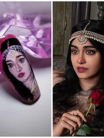 A side-by-side comparison of my hand-painted nail portrait and the original photo of actress Adah Sharma, showing my ability to capture a likeness.