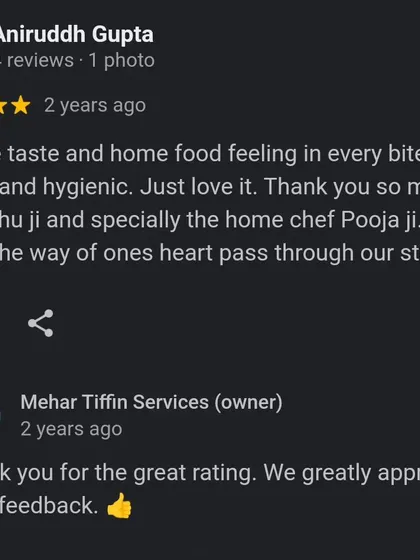We are so happy when our customers, like Aniruddh ji, feel the "home food feeling" in every bite. It is Pooja ji's special touch that makes our food both healthy and hygienic.