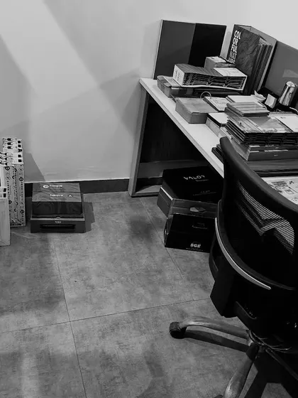 The material library in our office. We have a vast collection of samples for everything from tiles and wood to laminates and fabrics, which helps in making the right selections for your project.