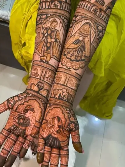 This full-arm design showcases multiple portraits, including the bride and groom and other wedding figures.