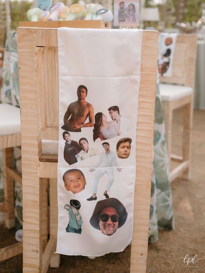 Another look at the hilarious custom-printed stole, draped over a chair. These details become great conversation starters for guests.