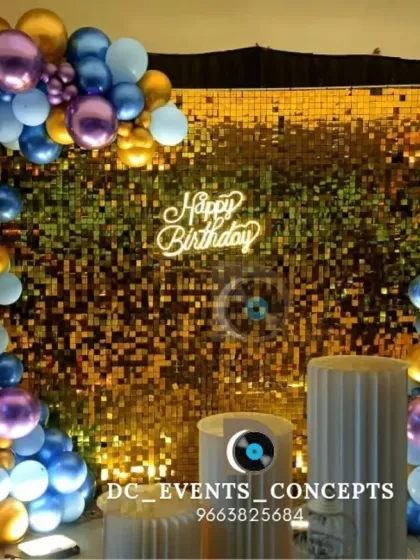 We love bringing fun themes to life for birthday parties. This setup features a dazzling gold sequin wall, a custom neon sign, and a vibrant balloon garland, creating the perfect glamorous photo-op for the celebration.