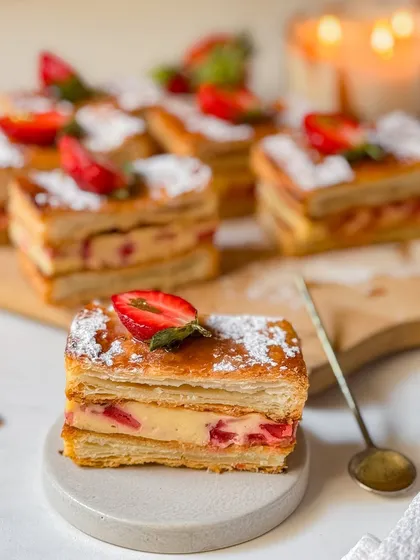 A close-up of our Strawberry Millefeuille, showcasing the crisp layers of pastry and the creamy filling studded with fresh berries. It's a perfect party favour or individual dessert.