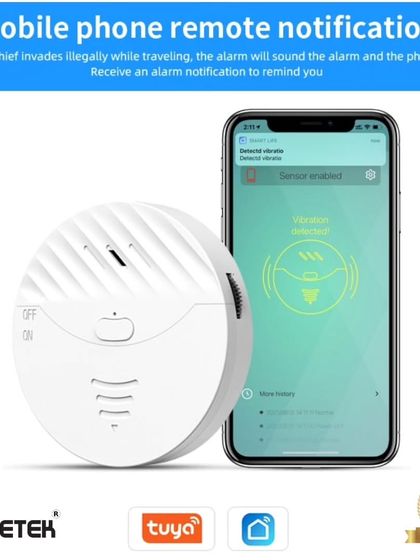 Receive instant remote notifications if a break-in is attempted. When the glass vibration sensor is triggered, it sounds a 130dB alarm and simultaneously sends an alert to your smartphone via the Tuya or Smart Life app, so you're always aware.