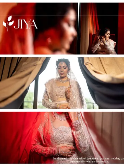 A cinematic collage of the bride Jiya getting ready, using creative framing and lighting to build anticipation.