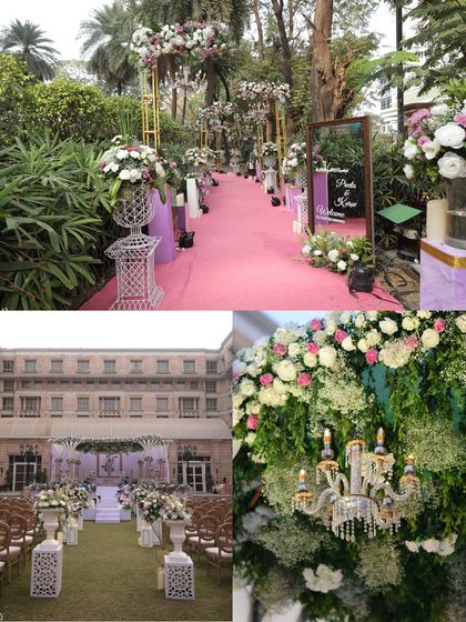 A collage showcasing different elements of a beautiful garden wedding. It includes the floral aisle, the grand stage against the hotel facade, and a close-up of a chandelier nestled in greenery.