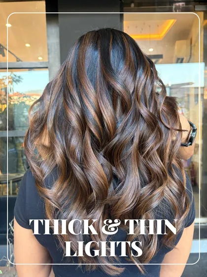 We love playing with dimension. This look features our 'Thick & Thin Lights' technique, where we alternate different sized highlights to create a bold, textured, and modern effect with beautiful movement.