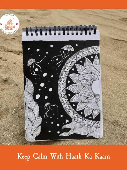 A detailed mandala doodle in a sketchbook on the beach, showing how art can be a relaxing and spontaneous journey of creation.