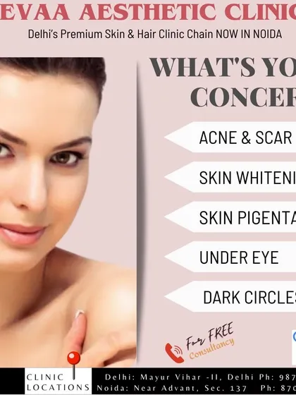What is your primary skin concern? This graphic lists common issues we address, including acne and scars, skin pigmentation, and under-eye dark circles, to help guide you to the right treatment.
