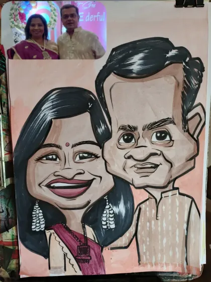 This couple caricature was created using watercolors, giving it a soft and classic feel. The reference photo is included to show the transformation.