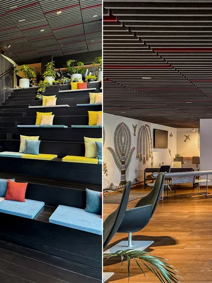 A split view of the amphitheater seating and a lounge area at BCG HQ, showcasing the use of color and texture to define different functional zones.