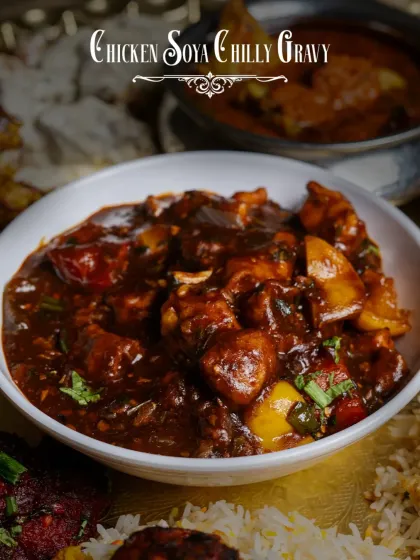 A fusion favorite in our Dostana Thaal, the Chicken Soya Chilly Gravy. It brings a tangy, spicy kick to the traditional Mughlai spread.
