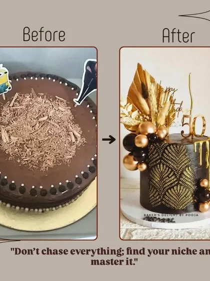 Don't chase everything; find your niche and master it. This shows my growth in creating elegant, high-end designs like this black and gold 50th birthday cake.