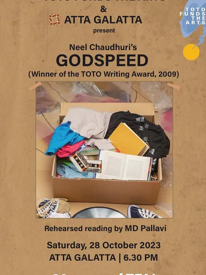 The poster for my rehearsed reading of Neel Chaudhuri's award-winning play 'Godspeed'. It's a privilege to lend my voice to the powerful words of other artists.