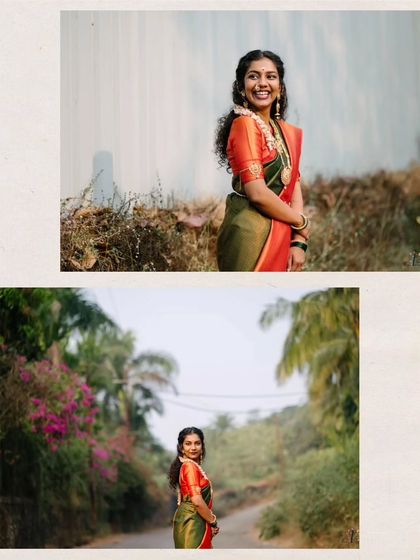 A collage of the bride in her beautiful South-Indian style saree for her Mehendi, posing happily in a rustic, natural setting.
