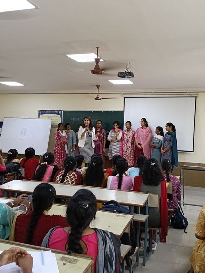 Here I am leading a group activity during a 5 day orientation workshop for B.Tech students at Gayatri Vidya Parishad College of Engineering. Interactive exercises are key to making communication concepts stick.