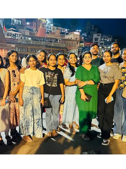 Our group at the Haridwar Ganga Aarti, a mesmerizing ceremony that is part of our Char Dham and Kedarnath travel plans.