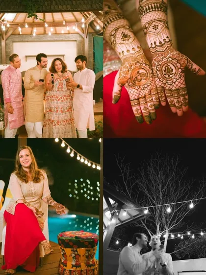 A collage of moments from a Mehendi and Sangeet night. It showcases the intricate henna details, the couple's dance, and the warm, festive atmosphere under the stars.